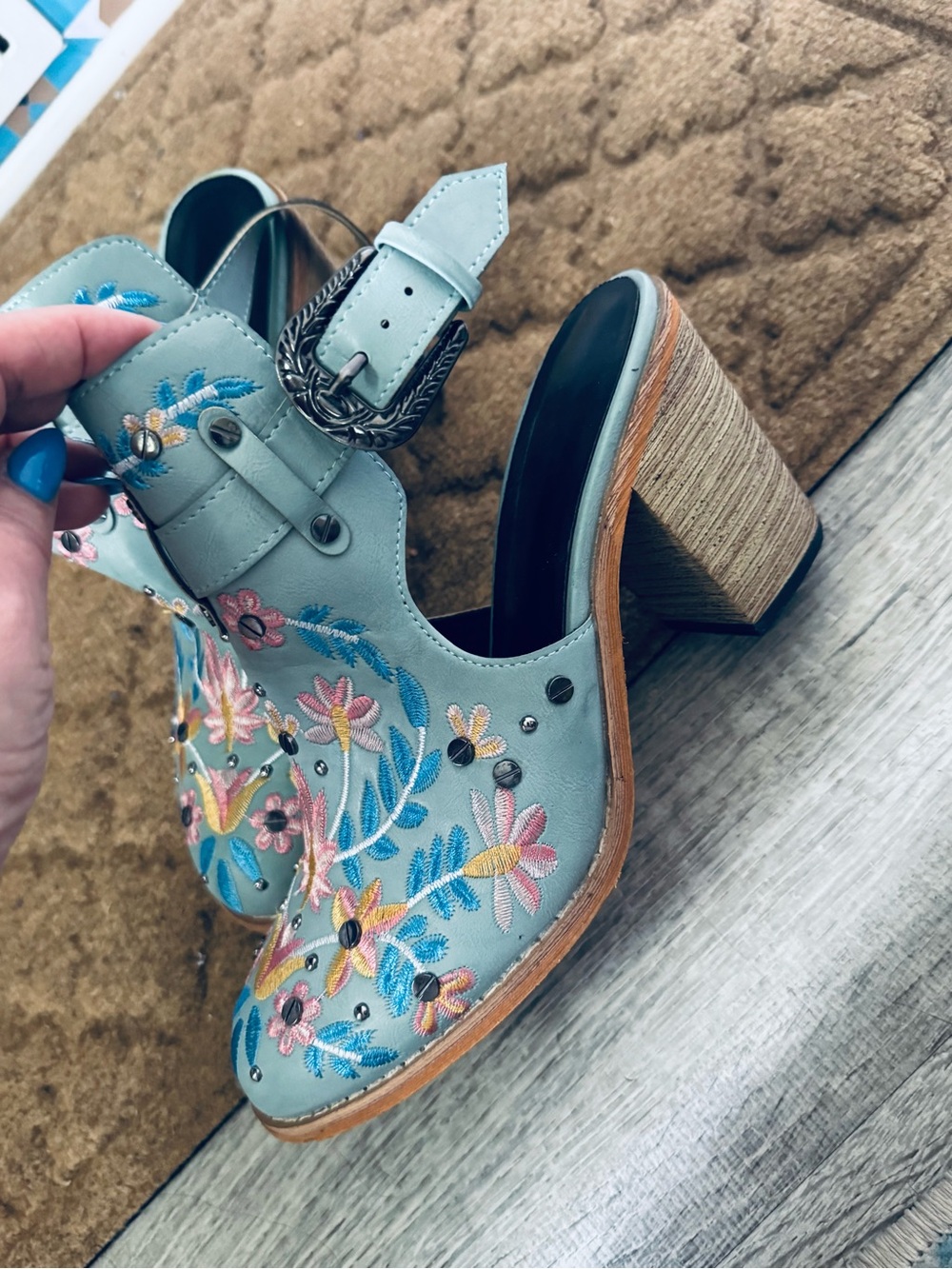 Embroidered Floral Slingback Heels in Light Aqua